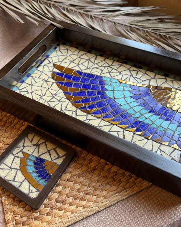 Horus Wing Serving Tray – Ancient Egyptian Tile Artwork, Optional Coaster Set, Coastal Boho HomeDecor | Wooden Frame