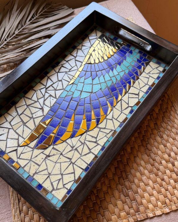 Horus Wing Serving Tray – Ancient Egyptian Tile Artwork, Optional Coaster Set, Coastal Boho HomeDecor | Wooden Frame