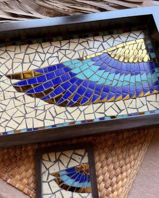 Horus Wing Serving Tray – Ancient Egyptian Tile Artwork, Optional Coaster Set, Coastal Boho HomeDecor | Wooden Frame