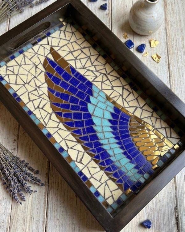 Horus Wing Serving Tray – Ancient Egyptian Tile Artwork, Optional Coaster Set, Coastal Boho HomeDecor | Wooden Frame