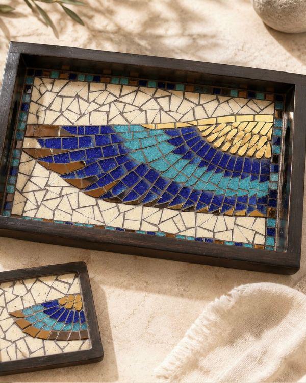Horus Wing Serving Tray – Ancient Egyptian Tile Artwork, Optional Coaster Set, Coastal Boho HomeDecor | Wooden Frame