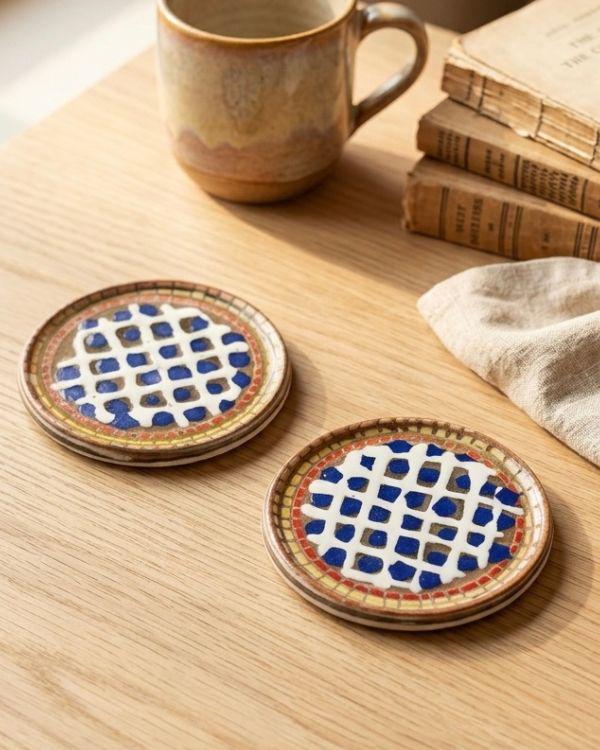 Handmade Ceramic Coaster Set: Summer Multi-Color Design | Boho Home Decor