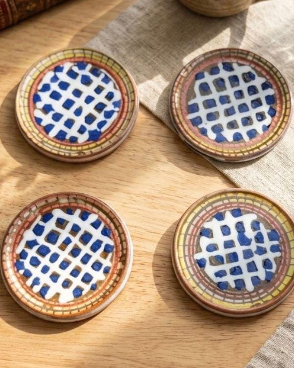 Handmade Ceramic Coaster Set: Summer Multi-Color Design | Boho Home Decor