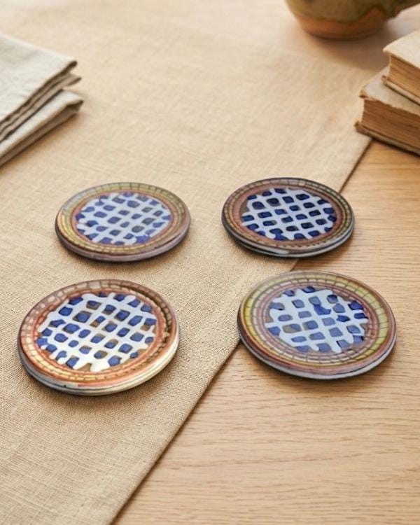 Handmade Ceramic Coaster Set: Summer Multi-Color Design | Boho Home Decor