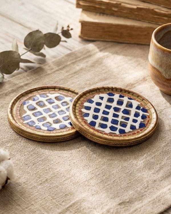 Handmade Ceramic Coaster Set: Summer Multi-Color Design | Boho Home Decor