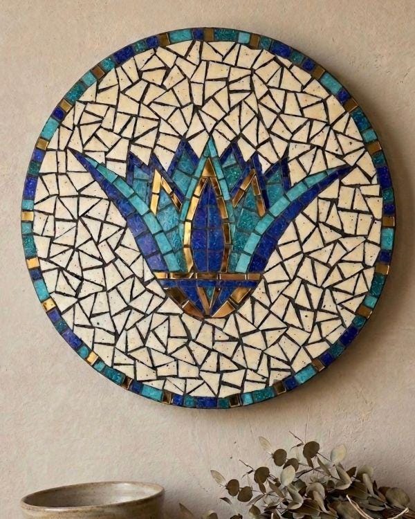 Lotus Mosaic Decor Plate | Ancient Egyptian Inspired Design | in a Wood Frame | Handmade Artisanal Home Decor