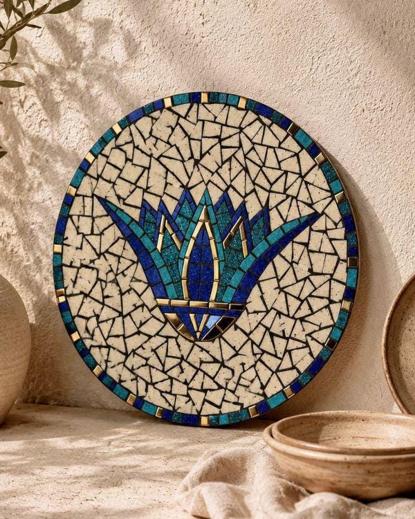 Lotus Mosaic Decor Plate | Ancient Egyptian Inspired Design | in a Wood Frame | Handmade Artisanal Home Decor