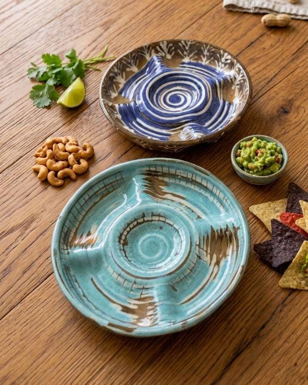Aqua/Navy Divided Serving Bowl - Handmade Ceramic – Mezze Platter with Dip Bowl – Snack, Nachos, Nuts & Appetizer Serving Dish