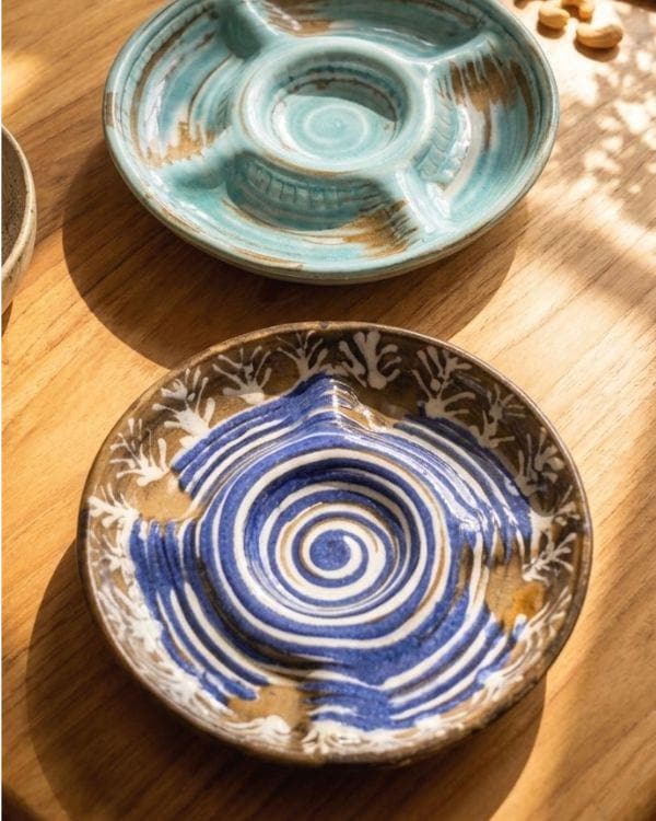 Aqua/Navy Divided Serving Bowl - Handmade Ceramic – Mezze Platter with Dip Bowl – Snack, Nachos, Nuts & Appetizer Serving Dish