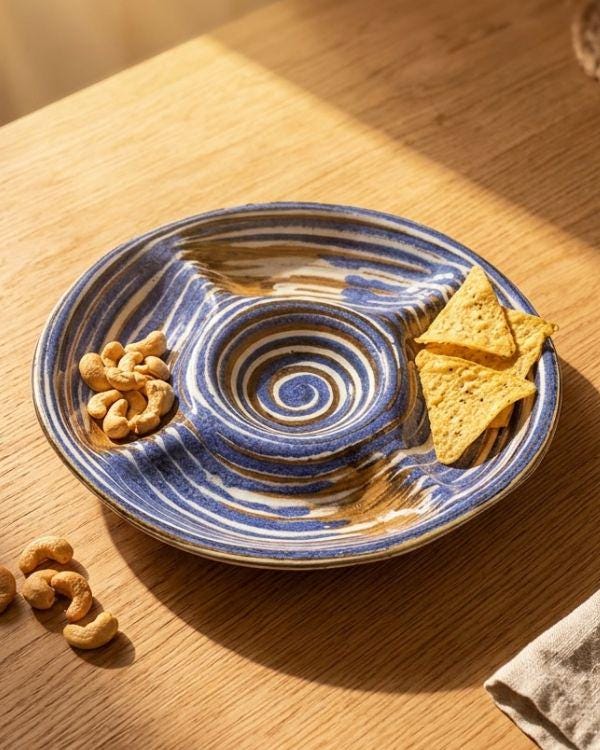Aqua/Navy Divided Serving Bowl - Handmade Ceramic – Mezze Platter with Dip Bowl – Snack, Nachos, Nuts & Appetizer Serving Dish