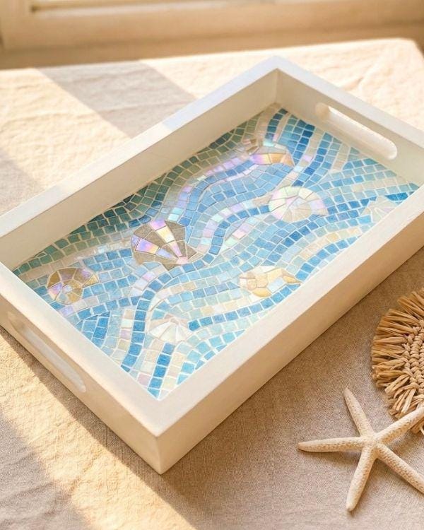 Serving Mosaic Tray | Coastal with Seashell Art | Turquoise, Aqua,Beige/Gold and Shimmering Pearl in a White-Painted Wooden Frame and Handle