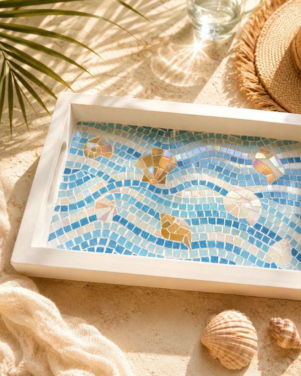 Serving Mosaic Tray | Coastal with Seashell Art | Turquoise, Aqua,Beige/Gold and Shimmering Pearl in a White-Painted Wooden Frame and Handle