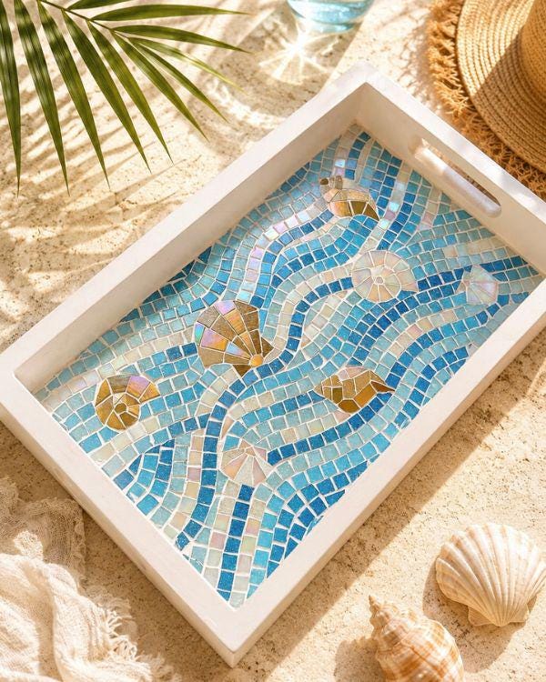 Serving Mosaic Tray | Coastal with Seashell Art | Turquoise, Aqua,Beige/Gold and Shimmering Pearl in a White-Painted Wooden Frame and Handle