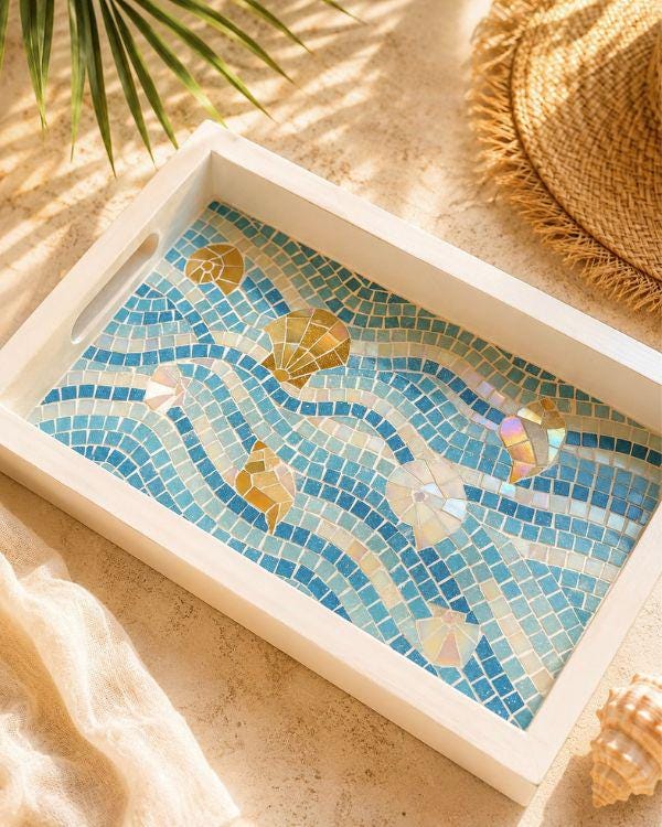 Serving Mosaic Tray | Coastal with Seashell Art | Turquoise, Aqua,Beige/Gold and Shimmering Pearl in a White-Painted Wooden Frame and Handle