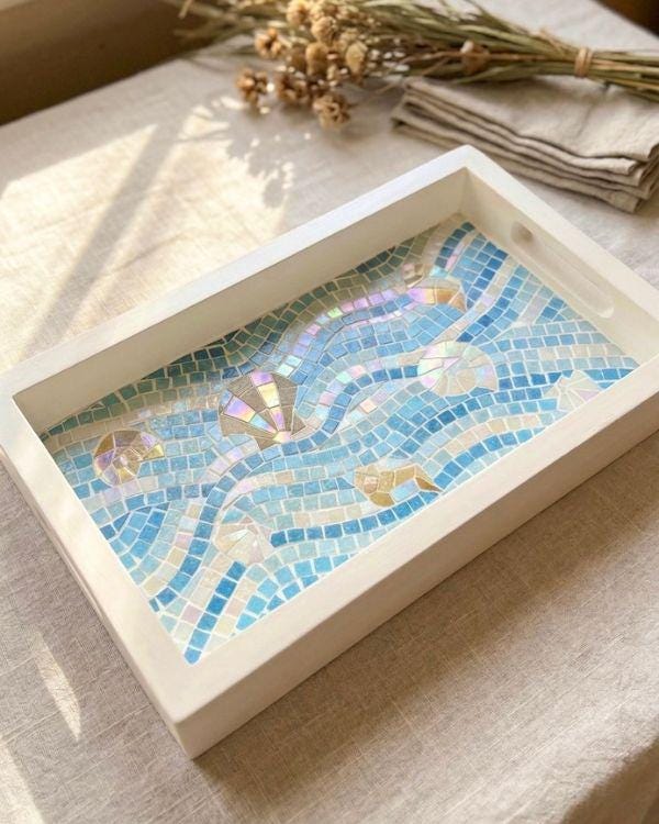 Serving Mosaic Tray | Coastal with Seashell Art | Turquoise, Aqua,Beige/Gold and Shimmering Pearl in a White-Painted Wooden Frame and Handle