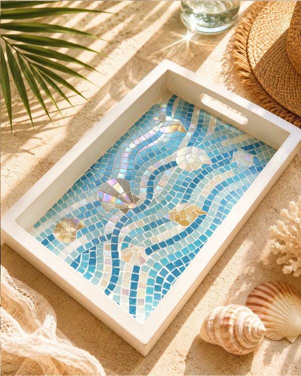 Serving Mosaic Tray | Coastal with Seashell Art | Turquoise, Aqua,Beige/Gold and Shimmering Pearl in a White-Painted Wooden Frame and Handle