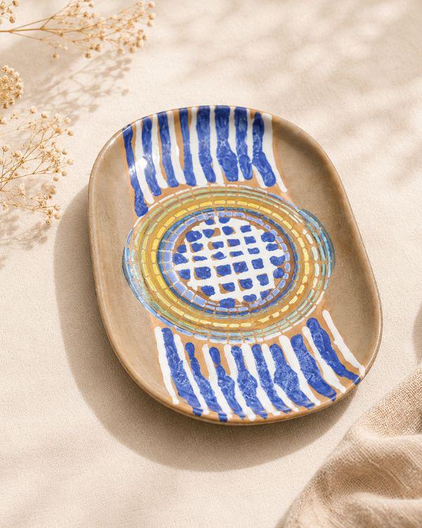 Earthy Serving Platter | Beige, Navy, White & Yellow | Artisan Ceramic Serveware | Serving -Appetizer plate