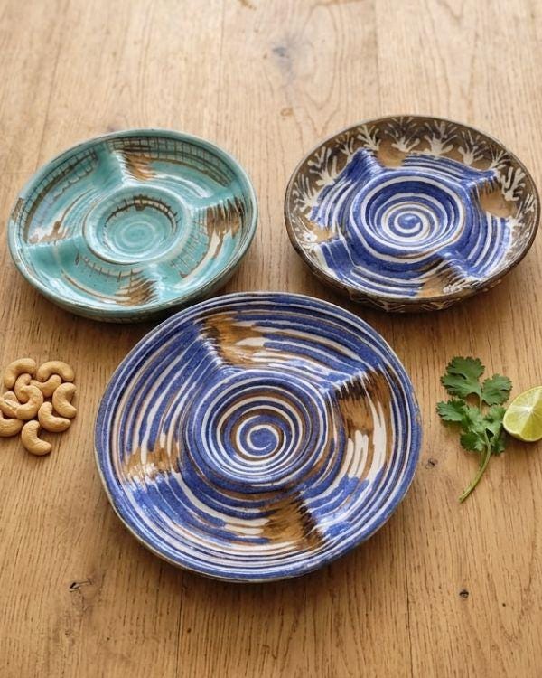 Aqua/Navy Divided Serving Bowl - Handmade Ceramic – Mezze Platter with Dip Bowl – Snack, Nachos, Nuts & Appetizer Serving Dish