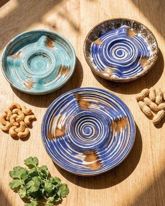 Aqua/Navy Divided Serving Bowl - Handmade Ceramic – Mezze Platter with Dip Bowl – Snack, Nachos, Nuts & Appetizer Serving Dish