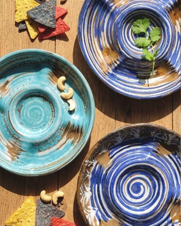 Aqua/Navy Divided Serving Bowl - Handmade Ceramic – Mezze Platter with Dip Bowl – Snack, Nachos, Nuts & Appetizer Serving Dish