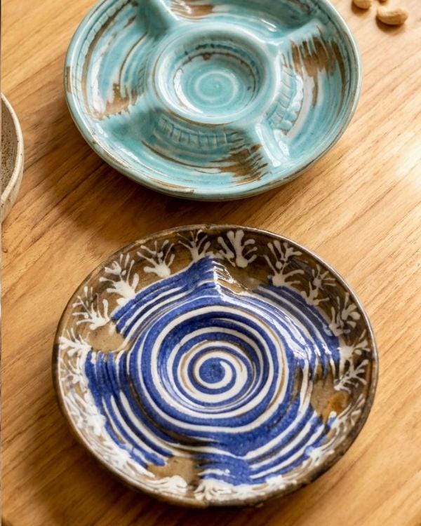 Aqua/Navy Divided Serving Bowl - Handmade Ceramic – Mezze Platter with Dip Bowl – Snack, Nachos, Nuts & Appetizer Serving Dish