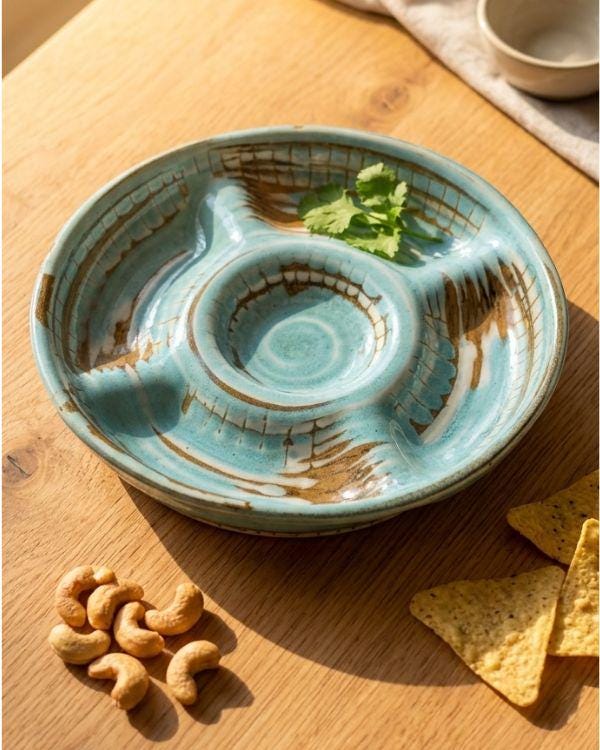Aqua/Navy Divided Serving Bowl - Handmade Ceramic – Mezze Platter with Dip Bowl – Snack, Nachos, Nuts & Appetizer Serving Dish