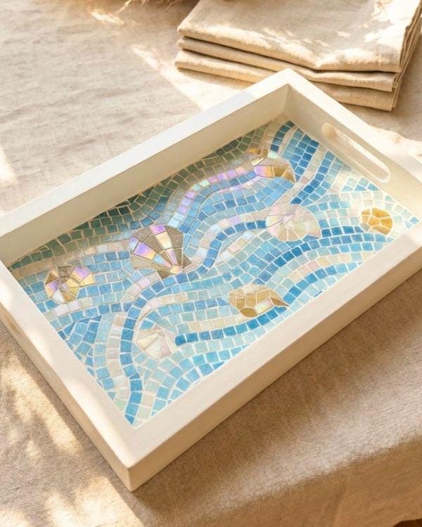 Serving Mosaic Tray | Coastal with Seashell Art | Turquoise, Aqua,Beige/Gold and Shimmering Pearl in a White-Painted Wooden Frame and Handle