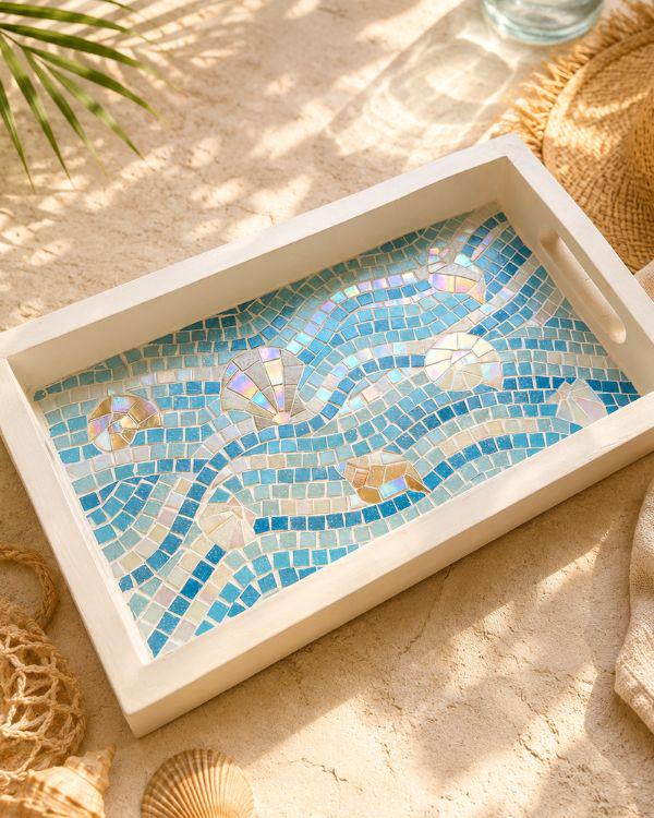 Serving Mosaic Tray | Coastal with Seashell Art | Turquoise, Aqua,Beige/Gold and Shimmering Pearl in a White-Painted Wooden Frame and Handle