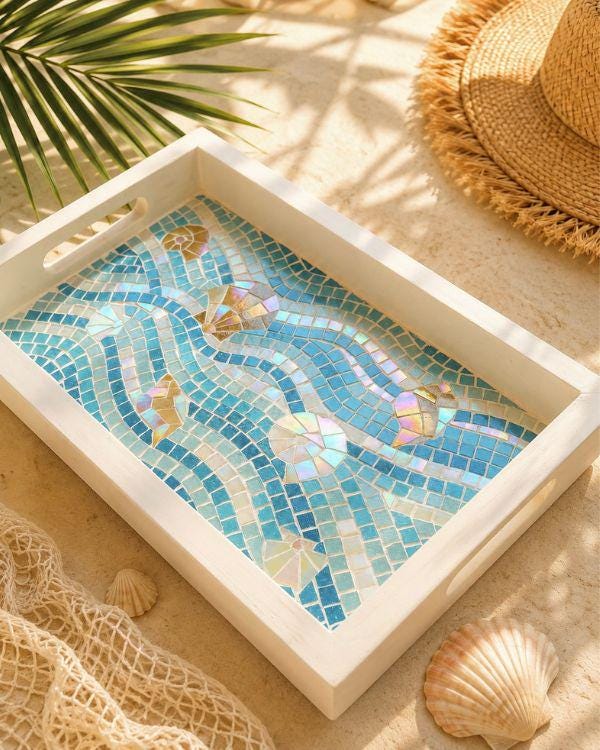 Serving Mosaic Tray | Coastal with Seashell Art | Turquoise, Aqua,Beige/Gold and Shimmering Pearl in a White-Painted Wooden Frame and Handle