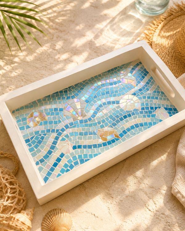 Serving Mosaic Tray | Coastal with Seashell Art | Turquoise, Aqua,Beige/Gold and Shimmering Pearl in a White-Painted Wooden Frame and Handle