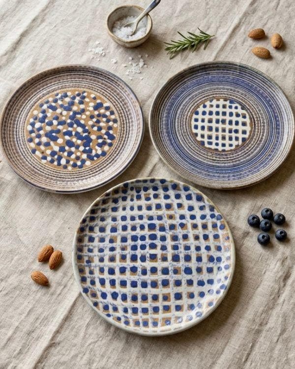 Brown, White, Navy Ceramic Large Polka Dots and Spirals Art Plate | For Serving or Decoration | Multi-Color Boho Home Decor | 14.5 inch