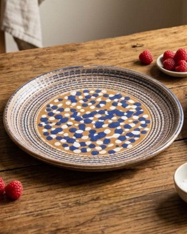 Brown, White, Navy Ceramic Large Polka Dots and Spirals Art Plate | For Serving or Decoration | Multi-Color Boho Home Decor | 14.5 inch