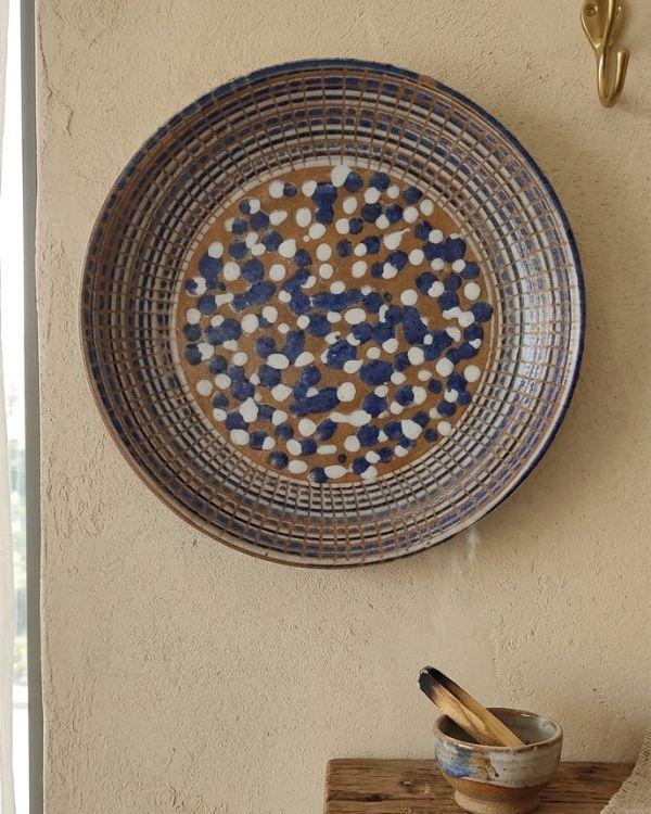 Brown, White, Navy Ceramic Large Polka Dots and Spirals Art Plate | For Serving or Decoration | Multi-Color Boho Home Decor | 14.5 inch