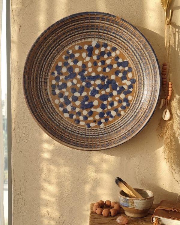 Brown, White, Navy Ceramic Large Polka Dots and Spirals Art Plate | For Serving or Decoration | Multi-Color Boho Home Decor | 14.5 inch