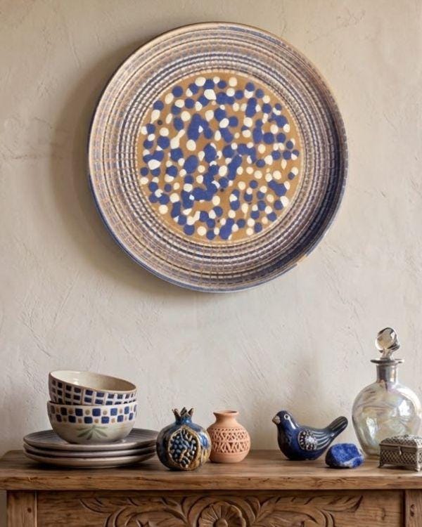 Brown, White, Navy Ceramic Large Polka Dots and Spirals Art Plate | For Serving or Decoration | Multi-Color Boho Home Decor | 14.5 inch