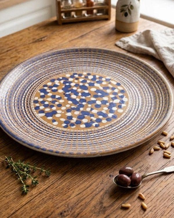 Brown, White, Navy Ceramic Large Polka Dots and Spirals Art Plate | For Serving or Decoration | Multi-Color Boho Home Decor | 14.5 inch