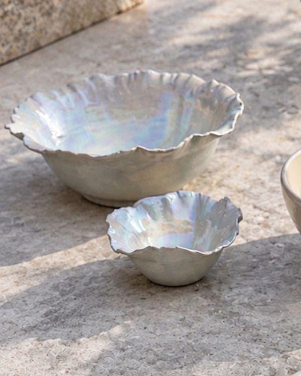 Pearly White Large Serving Bowl | Pearl Iridescent Glaze | Sculpted Design | Flower Shape | Dishwasher and Microwave-Safe