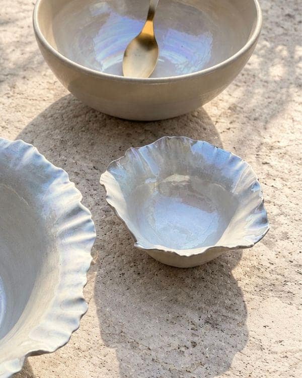 Pearly White Large Serving Bowl | Pearl Iridescent Glaze | Sculpted Design | Flower Shape | Dishwasher and Microwave-Safe