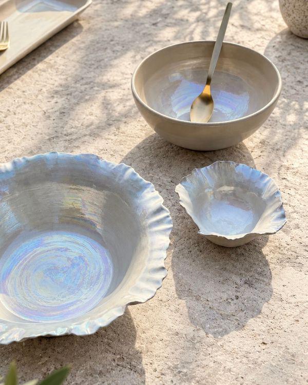 Pearly White Large Serving Bowl | Pearl Iridescent Glaze | Sculpted Design | Flower Shape | Dishwasher and Microwave-Safe