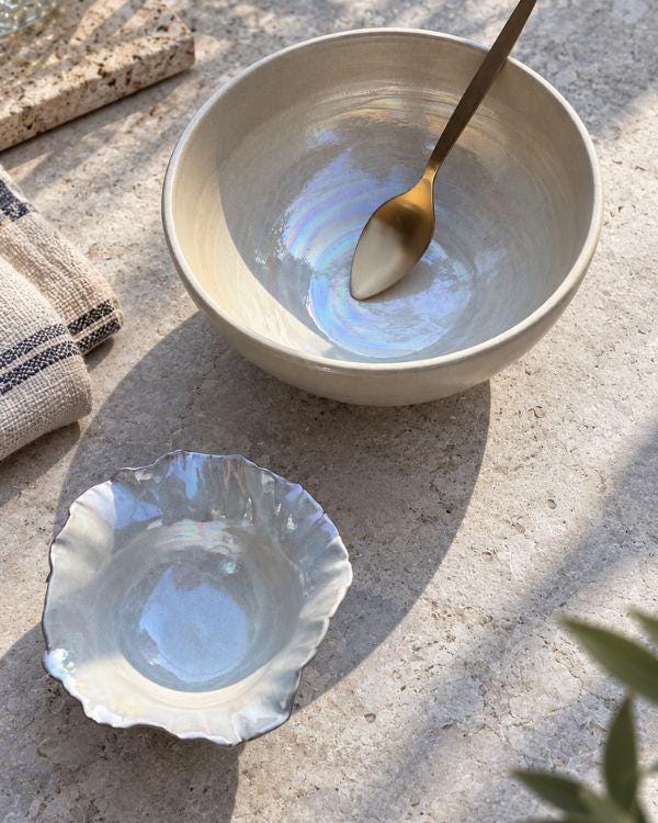 Pearly White Small Bowl | Pearl Iridescent Glaze | Sculpted Design | Flower Shape | Dishwasher and Microwave-Safe