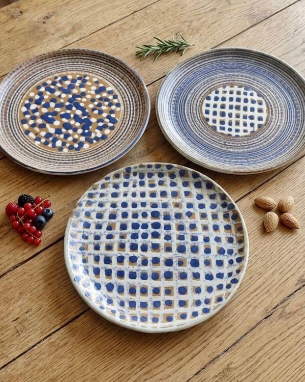 Brown, White, Navy Ceramic Large Polka Dots and Spirals Art Plate | For Serving or Decoration | Multi-Color Boho Home Decor | 14.5 inch