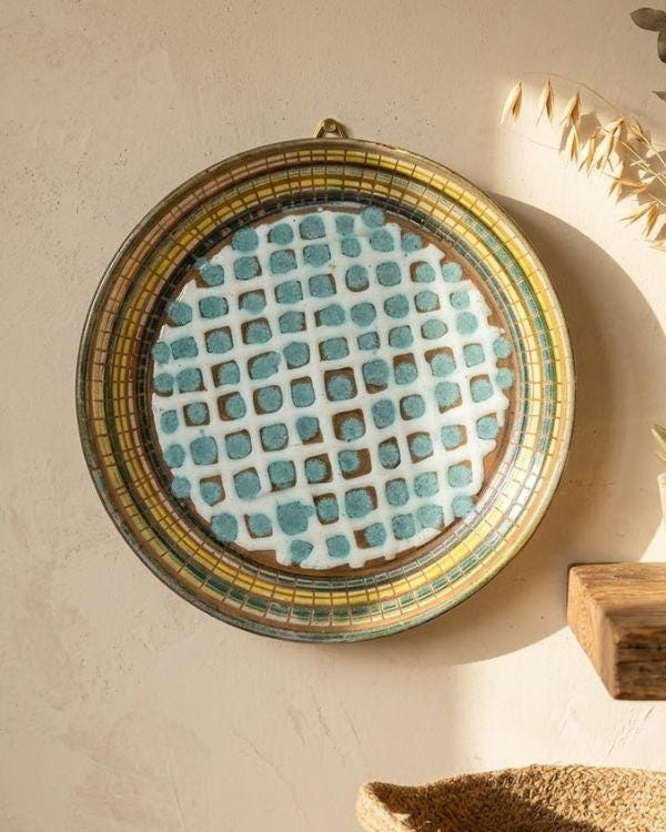 Turquoise & Lime Ceramic Serving Plate | Wall Decorative Plate | White and Earthy Artwork | Boho Home Decor