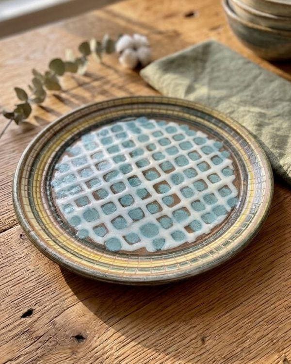 Turquoise & Lime Ceramic Serving Plate | Wall Decorative Plate | White and Earthy Artwork | Boho Home Decor