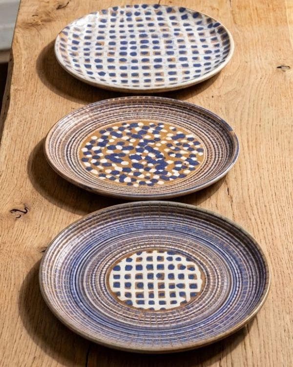 Brown, White, Navy Ceramic Large Polka Dots and Spirals Art Plate | For Serving or Decoration | Multi-Color Boho Home Decor | 14.5 inch