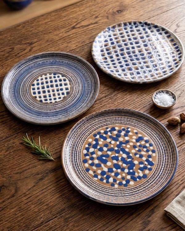 Brown, White, Navy Ceramic Large Polka Dots and Spirals Art Plate | For Serving or Decoration | Multi-Color Boho Home Decor | 14.5 inch