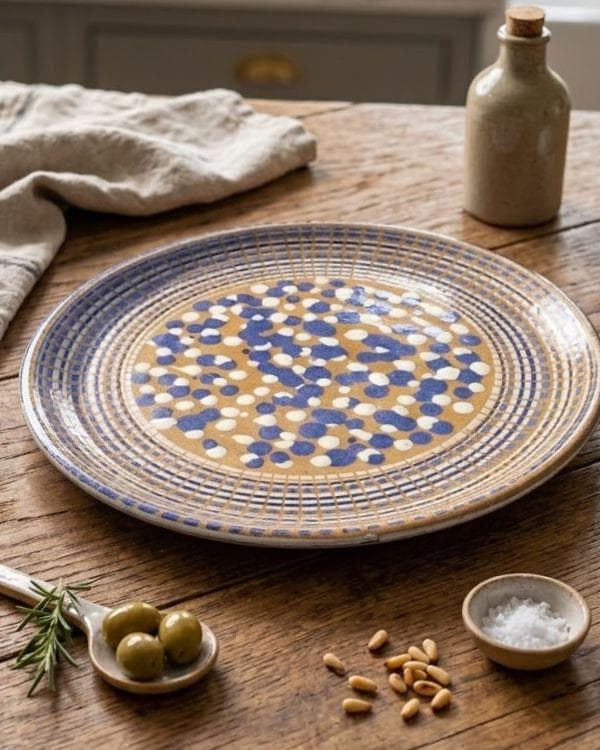 Brown, White, Navy Ceramic Large Polka Dots and Spirals Art Plate | For Serving or Decoration | Multi-Color Boho Home Decor | 14.5 inch