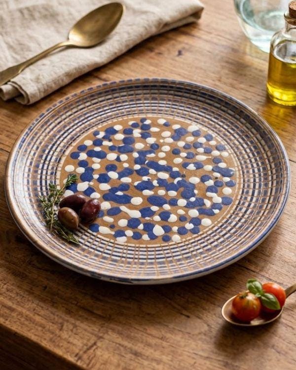 Brown, White, Navy Ceramic Large Polka Dots and Spirals Art Plate | For Serving or Decoration | Multi-Color Boho Home Decor | 14.5 inch