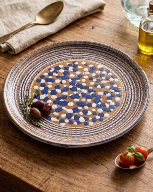 Brown, White, Navy Ceramic Large Polka Dots and Spirals Art Plate | For Serving or Decoration | Multi-Color Boho Home Decor | 14.5 inch