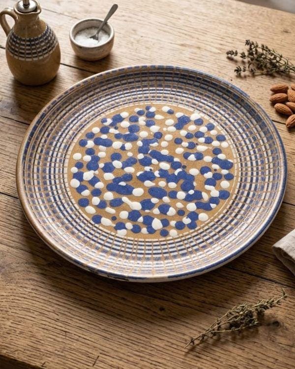 Brown, White, Navy Ceramic Large Polka Dots and Spirals Art Plate | For Serving or Decoration | Multi-Color Boho Home Decor | 14.5 inch