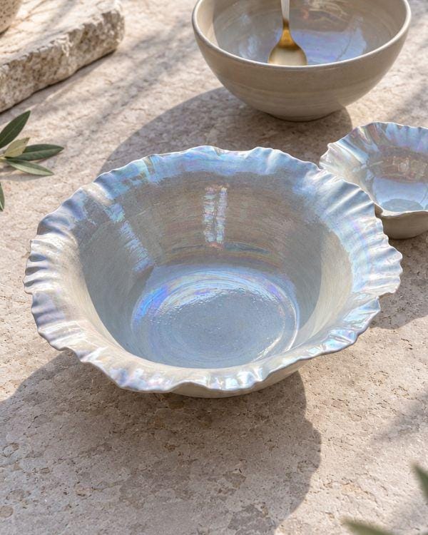 Pearly White Large Serving Bowl | Pearl Iridescent Glaze | Sculpted Design | Flower Shape | Dishwasher and Microwave-Safe